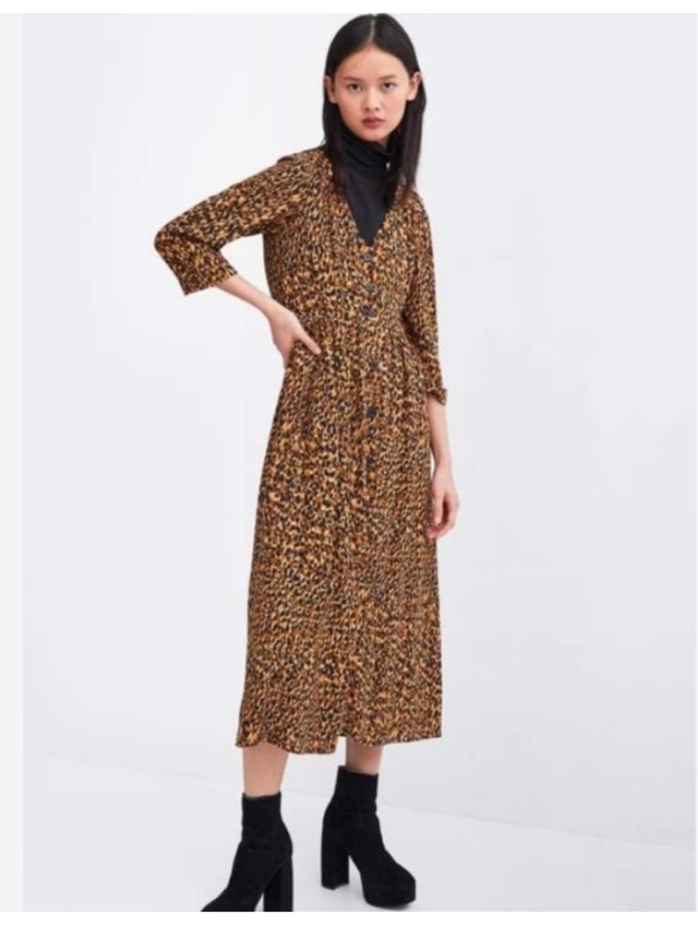 Zara TRF Animal Print Button Down Midi Dress Leopard Cheetah Size Small